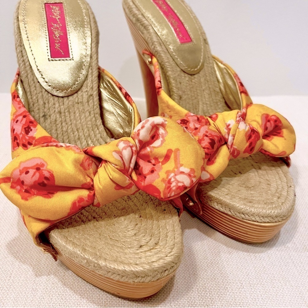 NEW Betsey Johnson Floral Platform Bow Slip On High Heel Pink Yellow Mules sz 7 - Picture 4 of 7